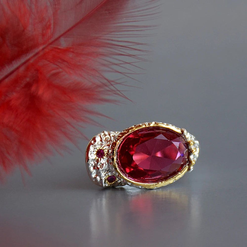 Punk Duck Design Ring with Large Red Zircon Stone - Cute Jewelry Statement Piece