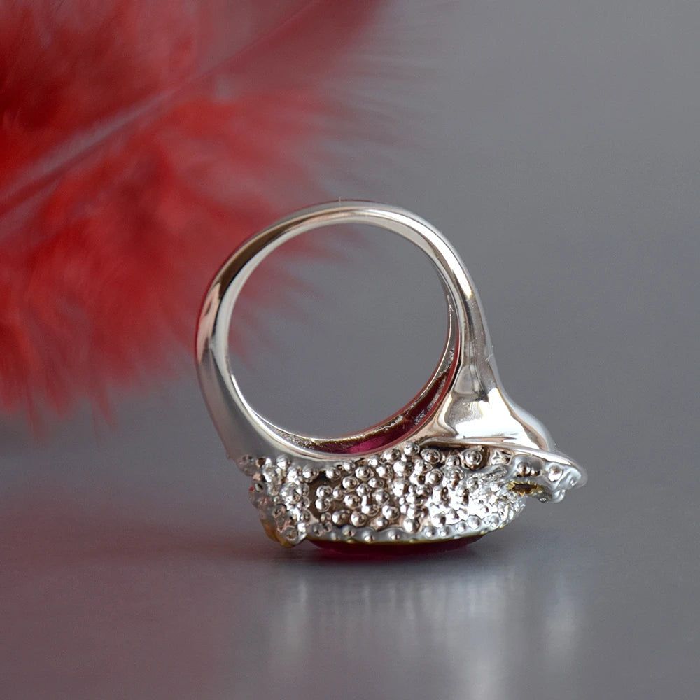 Punk Duck Design Ring with Large Red Zircon Stone - Cute Jewelry Statement Piece