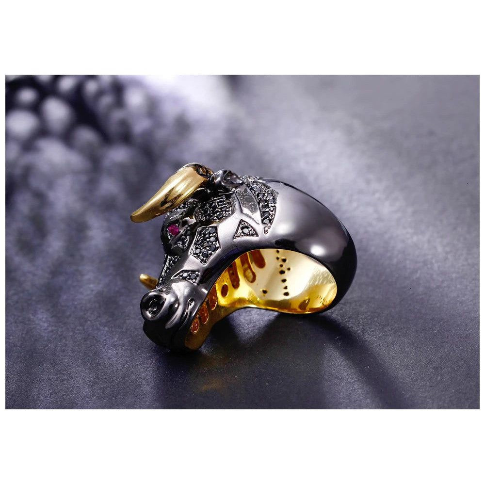 Punk Hip Hop Black Bull Ring with Gold Horns - Unisex Statement Piece for Street Fashion