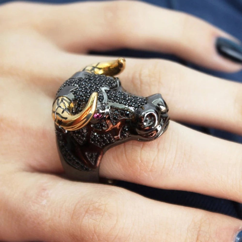 Punk Hip Hop Black Bull Ring with Gold Horns - Unisex Statement Piece for Street Fashion