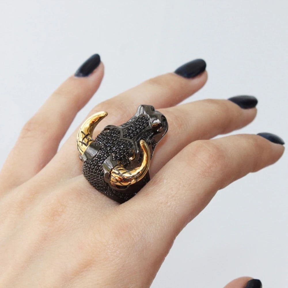 Punk Hip Hop Black Bull Ring with Gold Horns - Unisex Statement Piece for Street Fashion