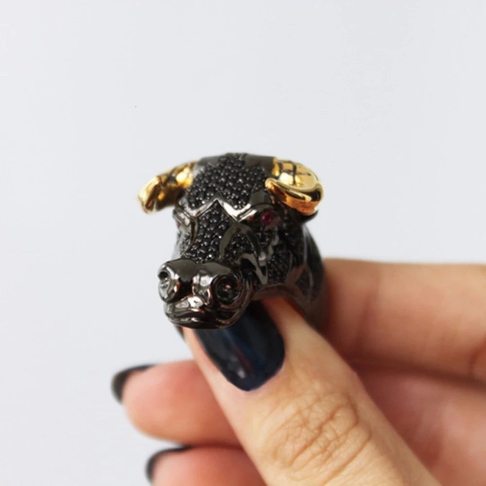 Punk Hip Hop Black Bull Ring with Gold Horns - Unisex Statement Piece for Street Fashion