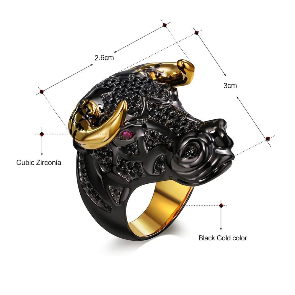 Punk Hip Hop Black Bull Ring with Gold Horns - Unisex Statement Piece for Street Fashion