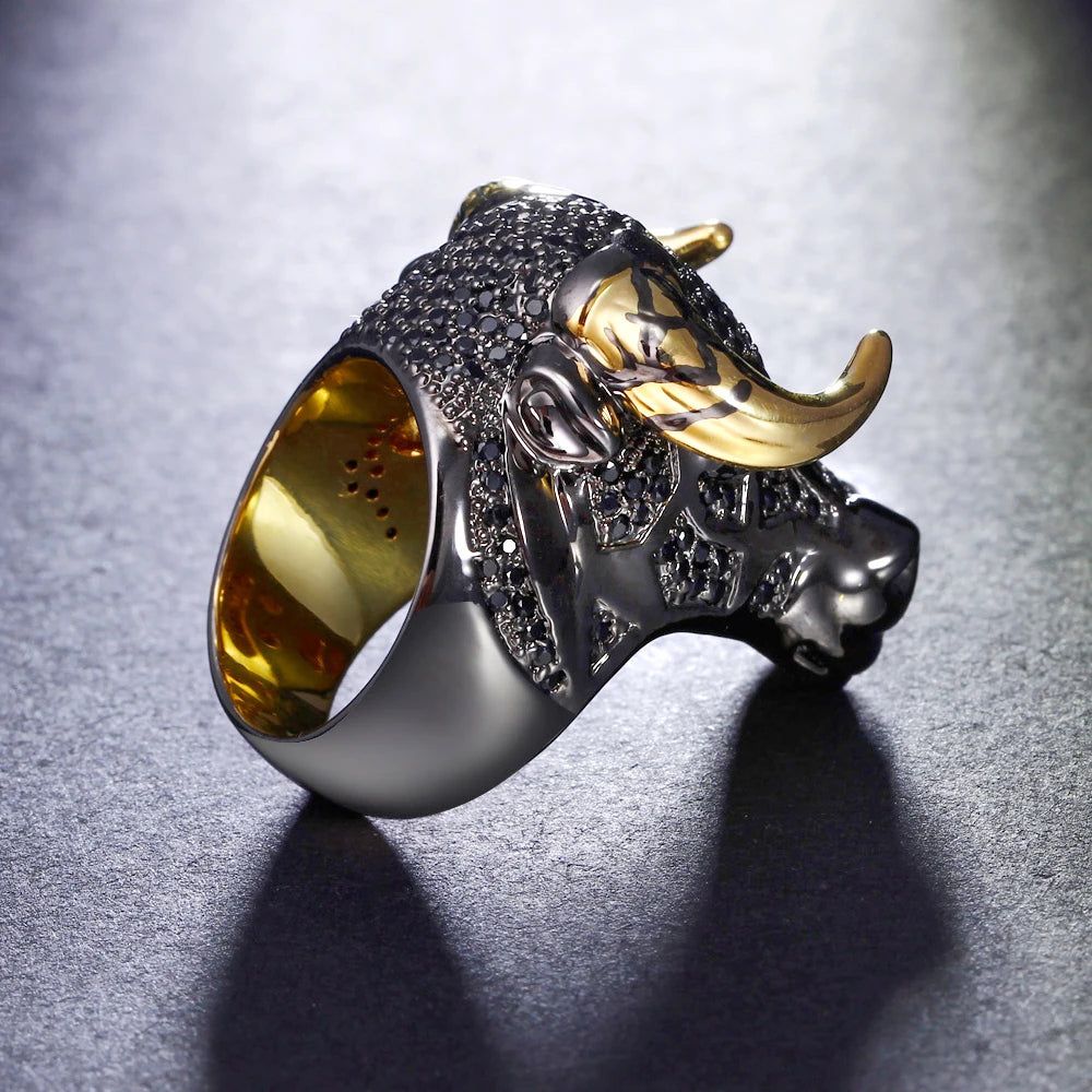 Punk Hip Hop Black Bull Ring with Gold Horns - Unisex Statement Piece for Street Fashion