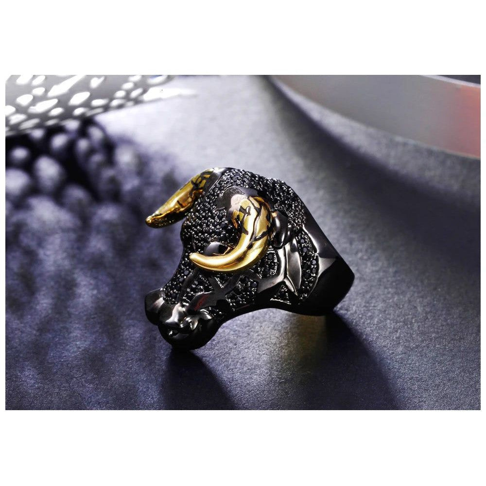 Punk Hip Hop Black Bull Ring with Gold Horns - Unisex Statement Piece for Street Fashion