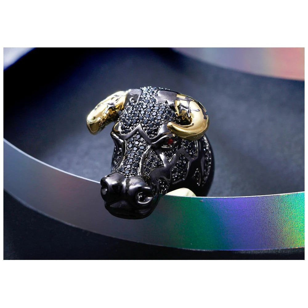 Punk Hip Hop Black Bull Ring with Gold Horns - Unisex Statement Piece for Street Fashion