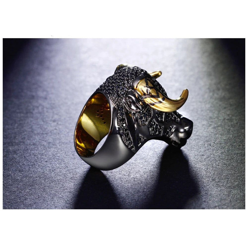 Punk Hip Hop Black Bull Ring with Gold Horns - Unisex Statement Piece for Street Fashion