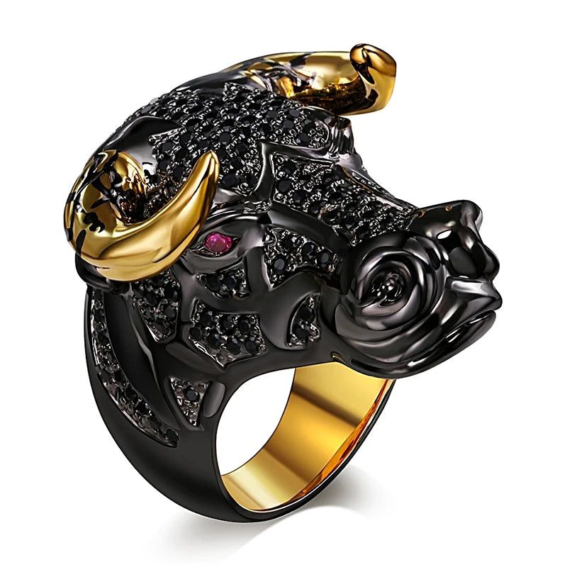 Punk Hip Hop Black Bull Ring with Gold Horns - Unisex Statement Piece for Street Fashion