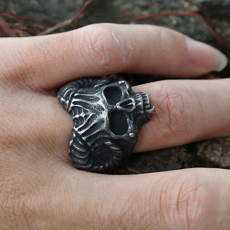 Punk-Inspired Goat Head Skull Ring for Men in 316L Stainless Steel - Biker Jewelry Gift