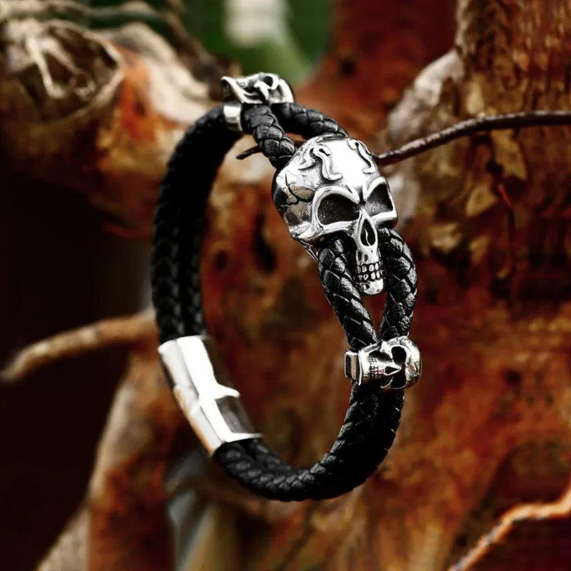 Punk-Inspired Vintage Braided Leather Bracelet for Men with Stainless Steel Skull Charm - Perfect Biker Accessory and Gift