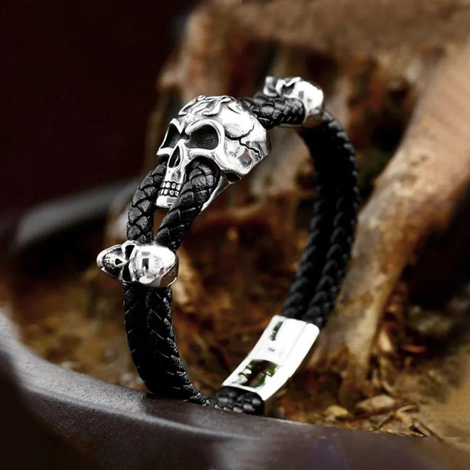 Punk-Inspired Vintage Braided Leather Bracelet for Men with Stainless Steel Skull Charm - Perfect Biker Accessory and Gift