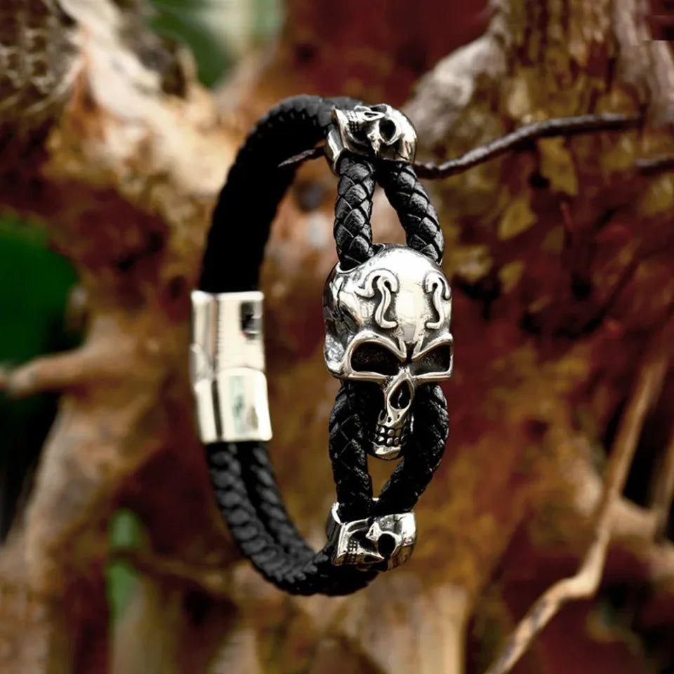 Punk-Inspired Vintage Braided Leather Bracelet for Men with Stainless Steel Skull Charm - Perfect Biker Accessory and Gift