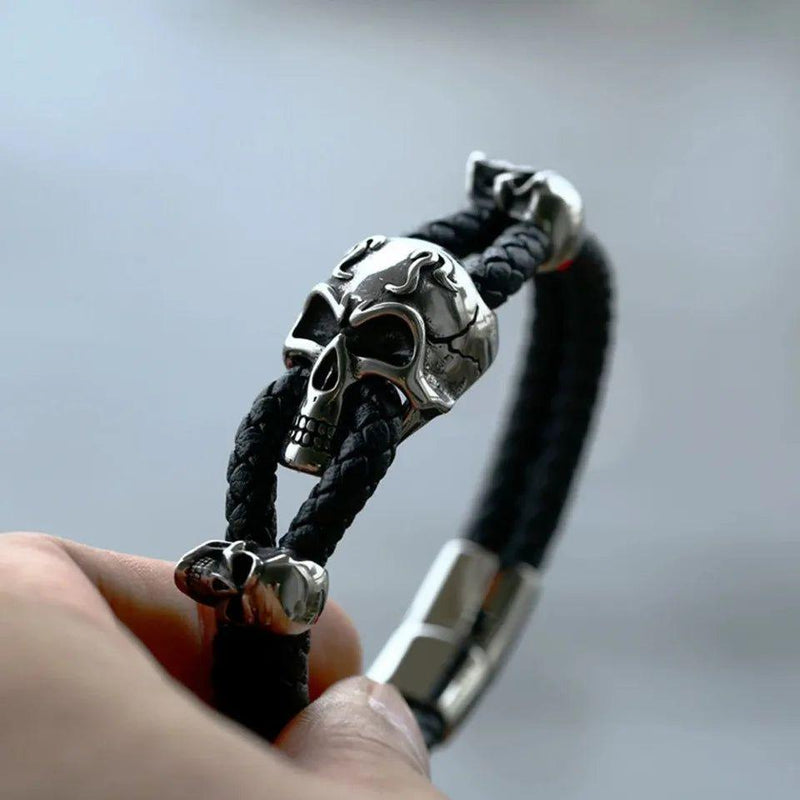 Punk-Inspired Vintage Braided Leather Bracelet for Men with Stainless Steel Skull Charm - Perfect Biker Accessory and Gift