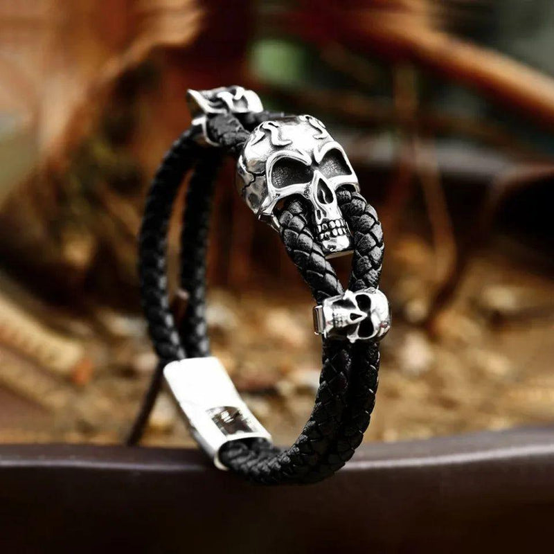 Punk-Inspired Vintage Braided Leather Bracelet for Men with Stainless Steel Skull Charm - Perfect Biker Accessory and Gift