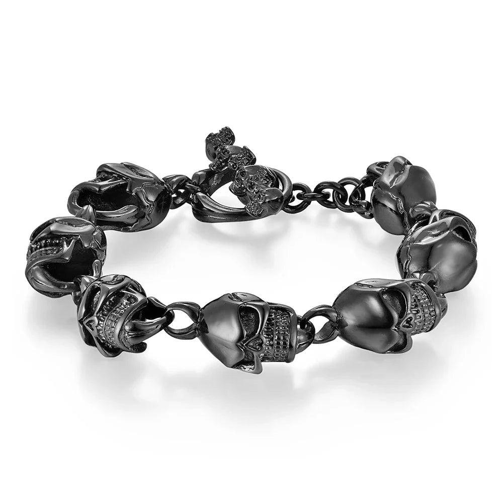 Punk Rock Skull Chain Bracelet for Men in Silver, Black, and Gold - 316L Stainless Steel Biker Jewelry