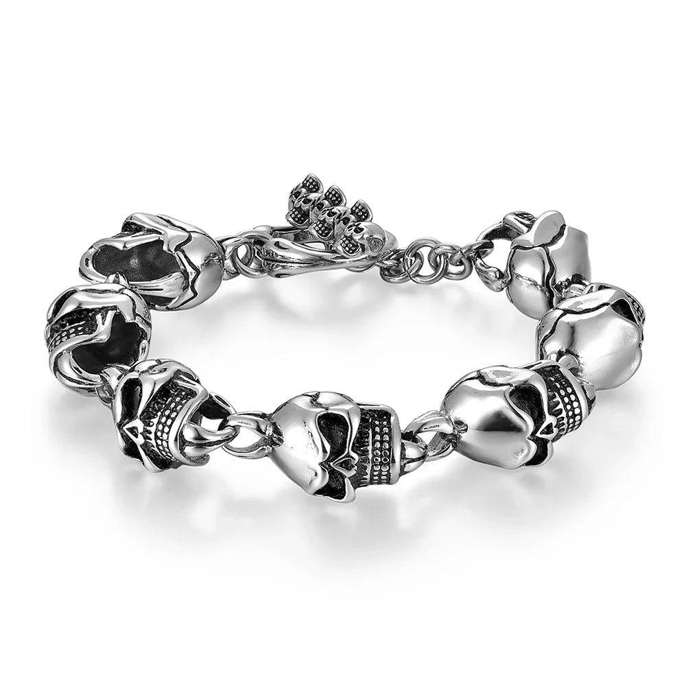 Punk Rock Skull Chain Bracelet for Men in Silver, Black, and Gold - 316L Stainless Steel Biker Jewelry