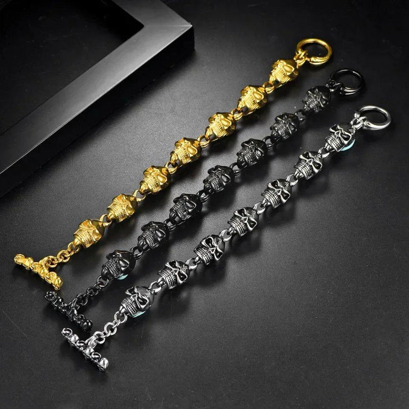 Punk Rock Skull Chain Bracelet for Men in Silver, Black, and Gold - 316L Stainless Steel Biker Jewelry