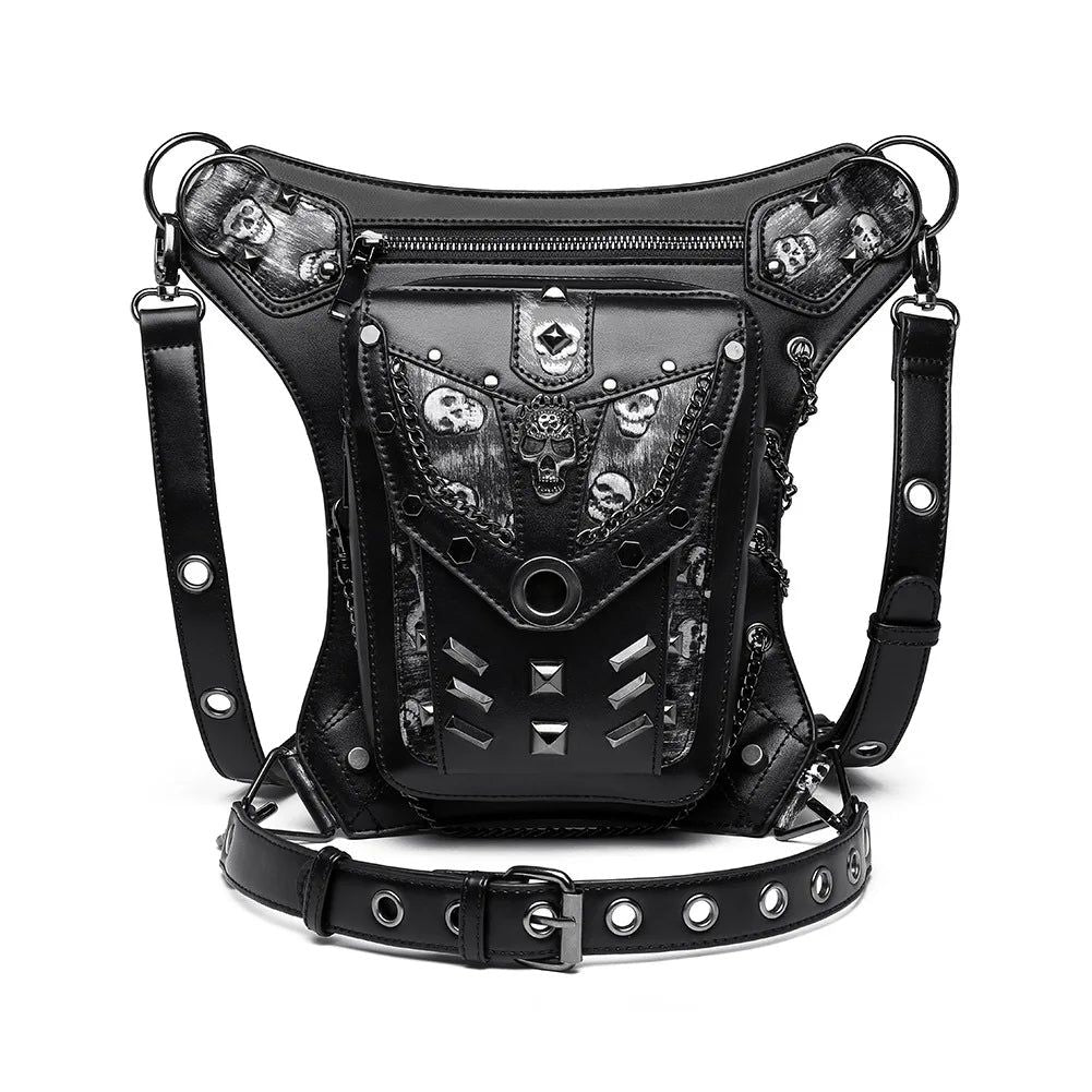 Punk Rock Unisex Motorcycle Waist Bag with Chain and Skull Rivets for Bikers