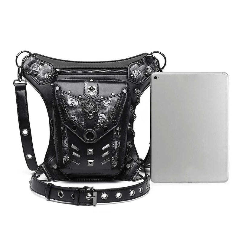 Punk Rock Unisex Motorcycle Waist Bag with Chain and Skull Rivets for Bikers