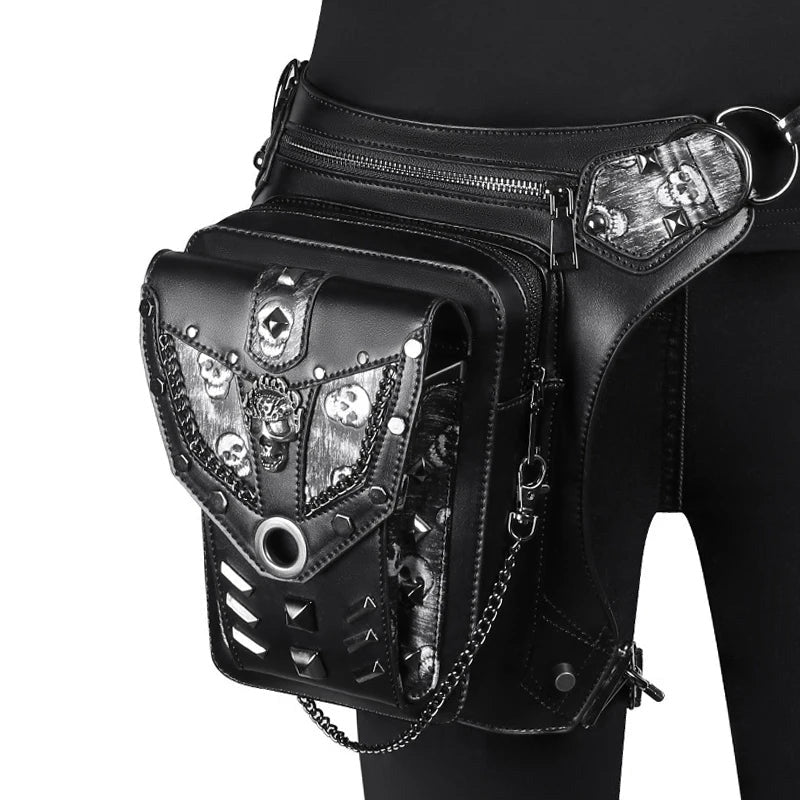 Punk Rock Unisex Motorcycle Waist Bag with Chain and Skull Rivets for Bikers