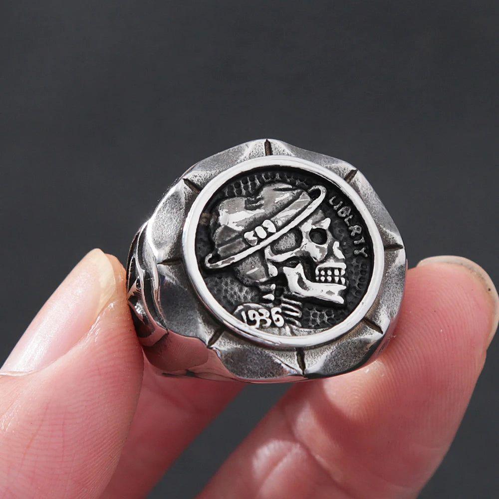 Punk Skull Biker Ring in Stainless Steel - Gothic 1936 Fashion Jewelry for Men