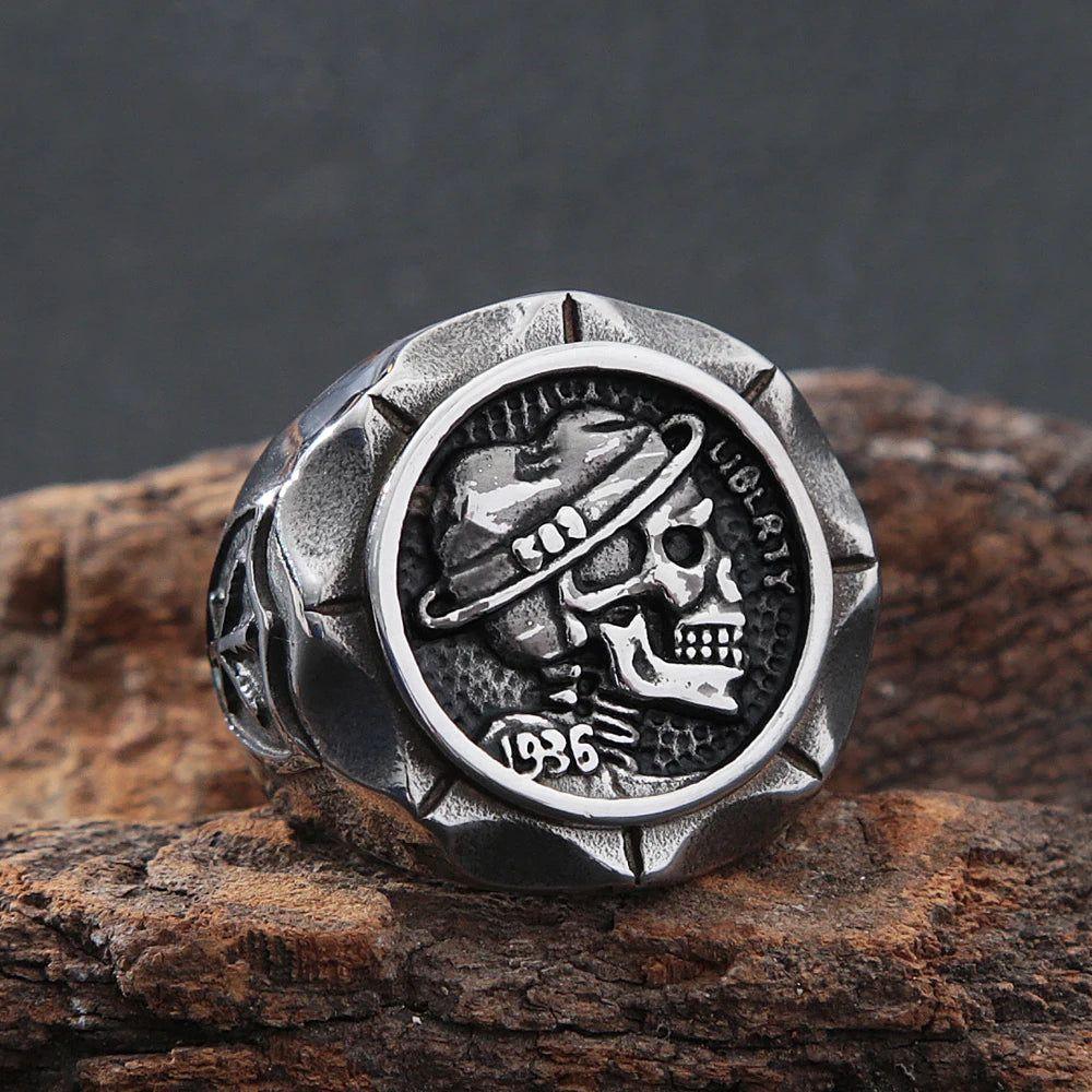 Punk Skull Biker Ring in Stainless Steel - Gothic 1936 Fashion Jewelry for Men