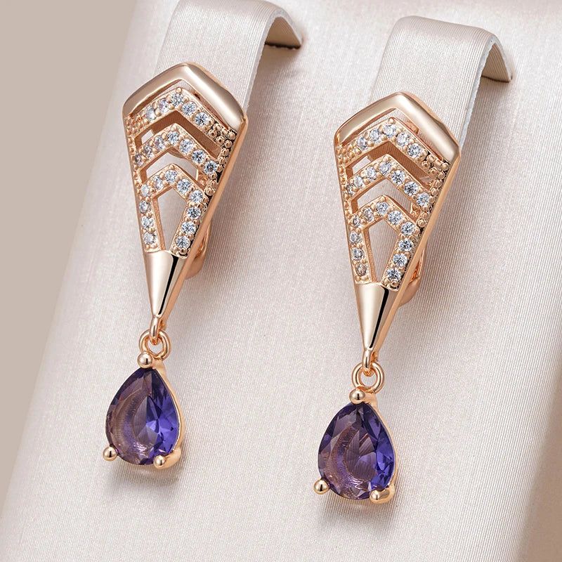 Radiant Purple Natural Zircon Drop Earrings in 585 Rose Gold Finish - Trendy Crystal Jewelry