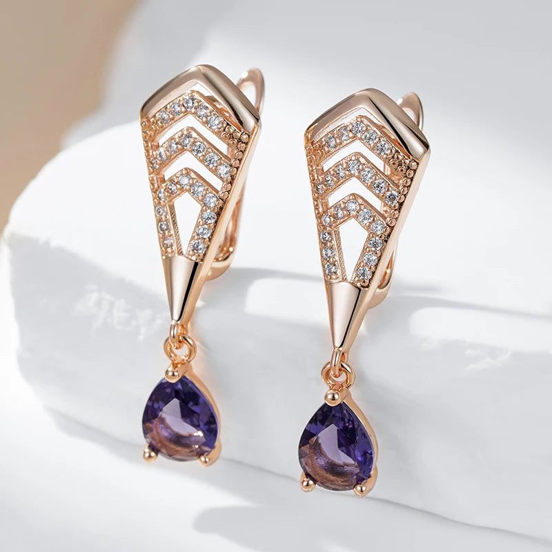 Radiant Purple Natural Zircon Drop Earrings in 585 Rose Gold Finish - Trendy Crystal Jewelry