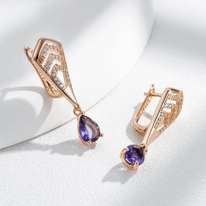 Radiant Purple Natural Zircon Drop Earrings in 585 Rose Gold Finish - Trendy Crystal Jewelry