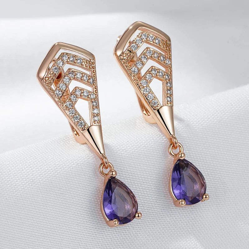 Radiant Purple Natural Zircon Drop Earrings in 585 Rose Gold Finish - Trendy Crystal Jewelry