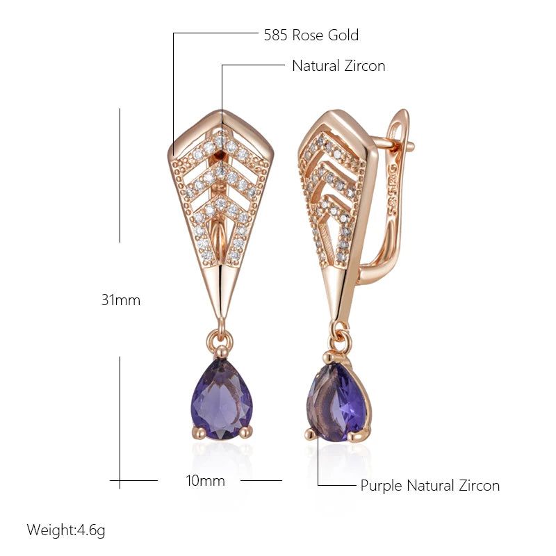 Radiant Purple Natural Zircon Drop Earrings in 585 Rose Gold Finish - Trendy Crystal Jewelry