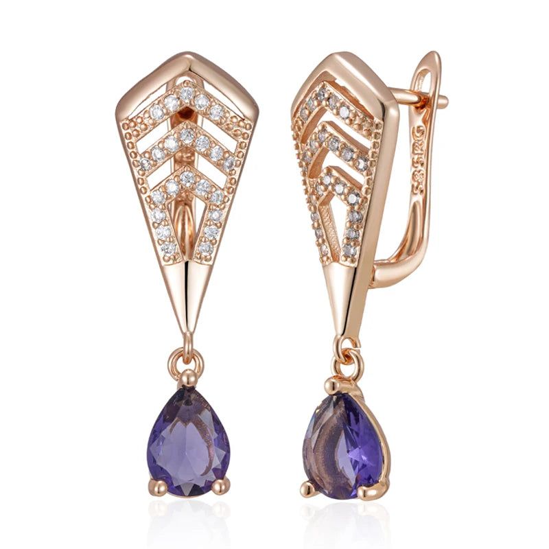 Radiant Purple Natural Zircon Drop Earrings in 585 Rose Gold Finish - Trendy Crystal Jewelry