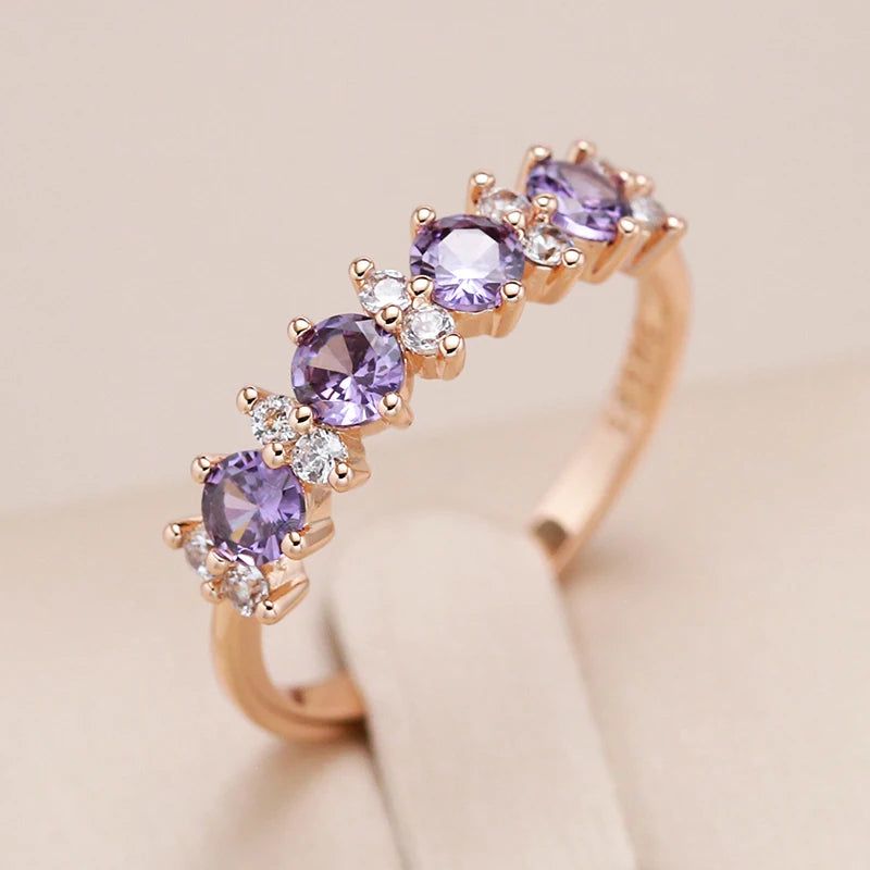 Radiant Purple Natural Zircon Ring in 585 Rose Gold with Matching Band Jewelry