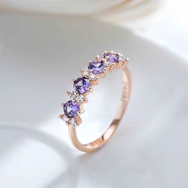 Radiant Purple Natural Zircon Ring in 585 Rose Gold with Matching Band Jewelry