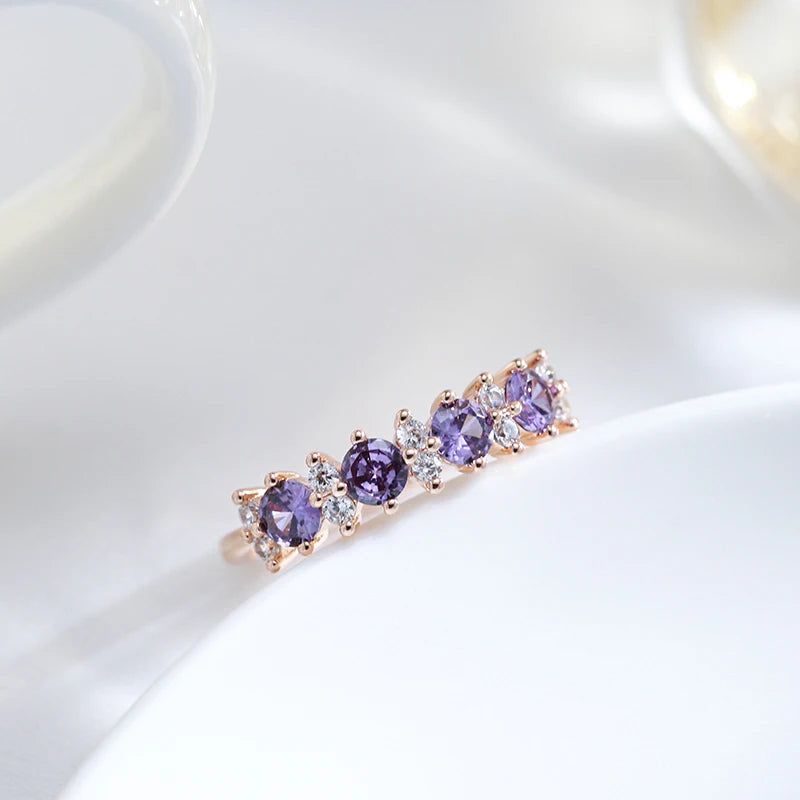 Radiant Purple Natural Zircon Ring in 585 Rose Gold with Matching Band Jewelry