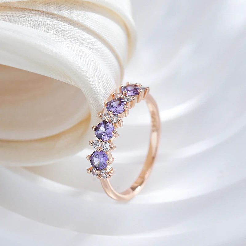 Radiant Purple Natural Zircon Ring in 585 Rose Gold with Matching Band Jewelry