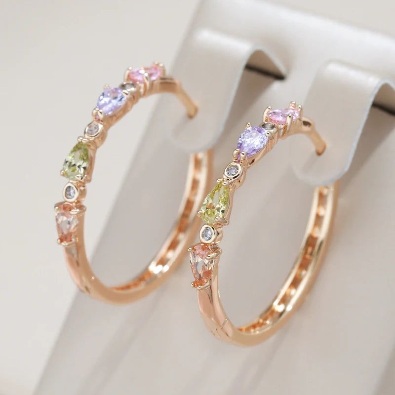 Radiant Rose Gold Dangle Hoop Earrings with Natural Zircon Accents