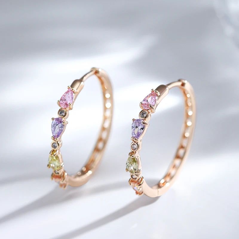 Radiant Rose Gold Dangle Hoop Earrings with Natural Zircon Accents