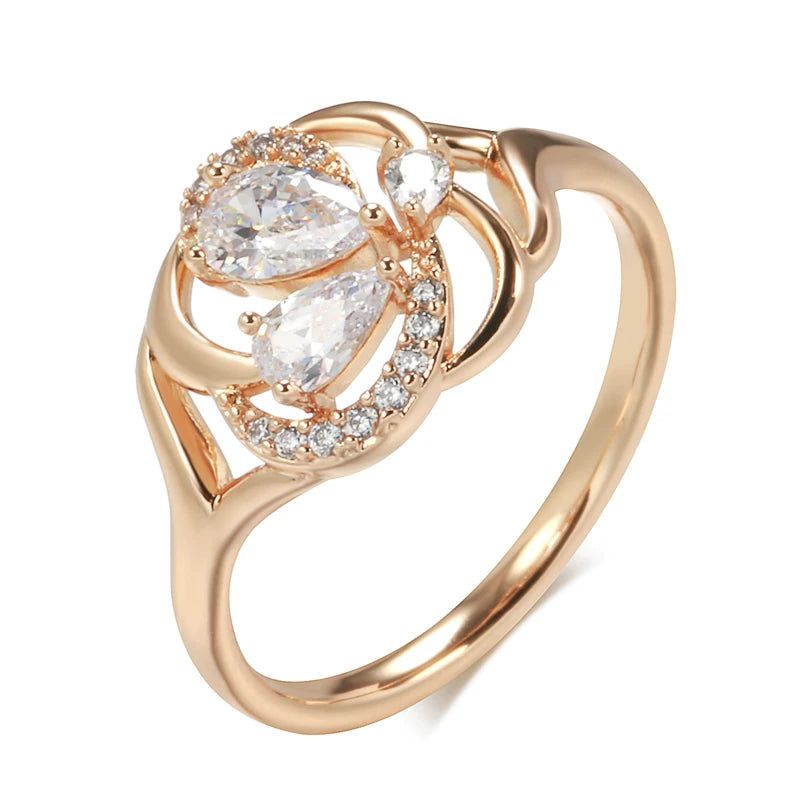 Radiant Rose Gold Floral Cocktail Ring with Natural Zircon and Shining Crystals