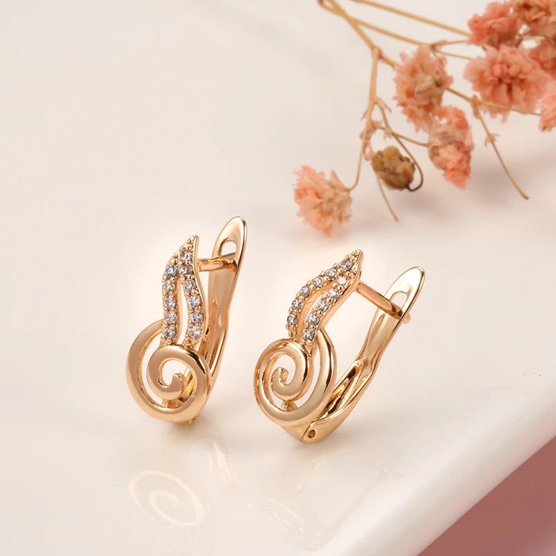 Radiant Rose Gold Wave Earrings with Natural Zircon Dangles - Unique Fashion Jewelry