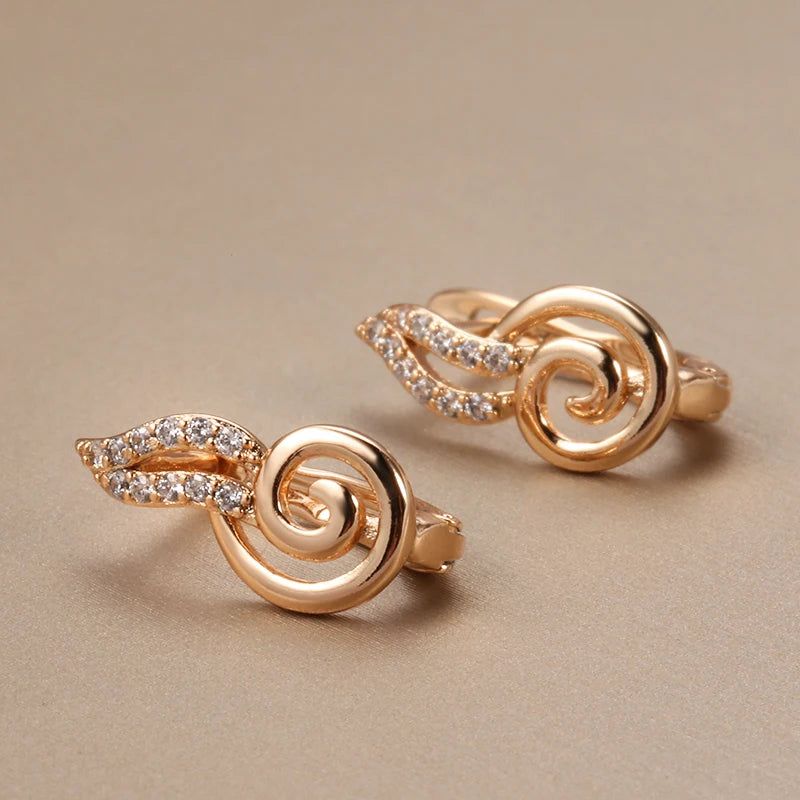 Radiant Rose Gold Wave Earrings with Natural Zircon Dangles - Unique Fashion Jewelry