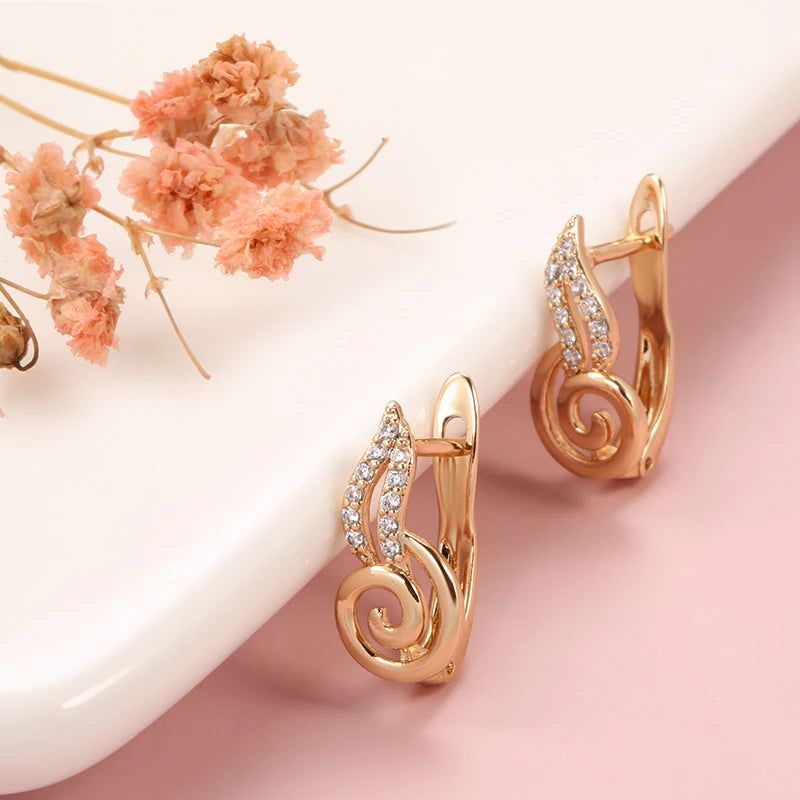 Radiant Rose Gold Wave Earrings with Natural Zircon Dangles - Unique Fashion Jewelry