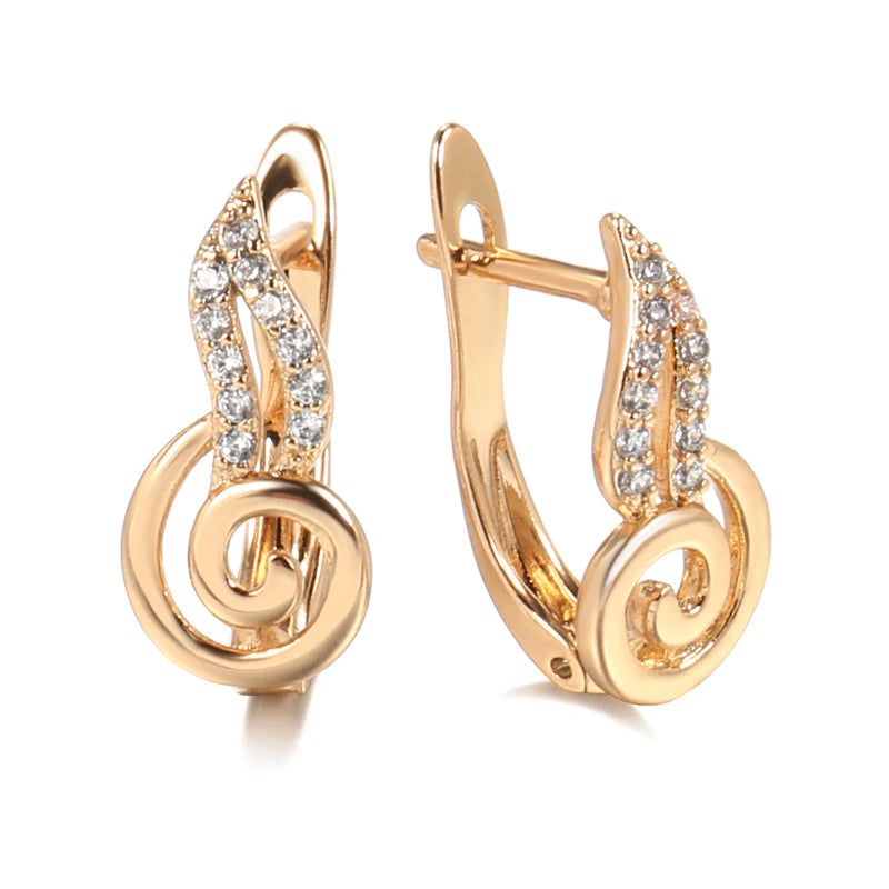 Radiant Rose Gold Wave Earrings with Natural Zircon Dangles - Unique Fashion Jewelry