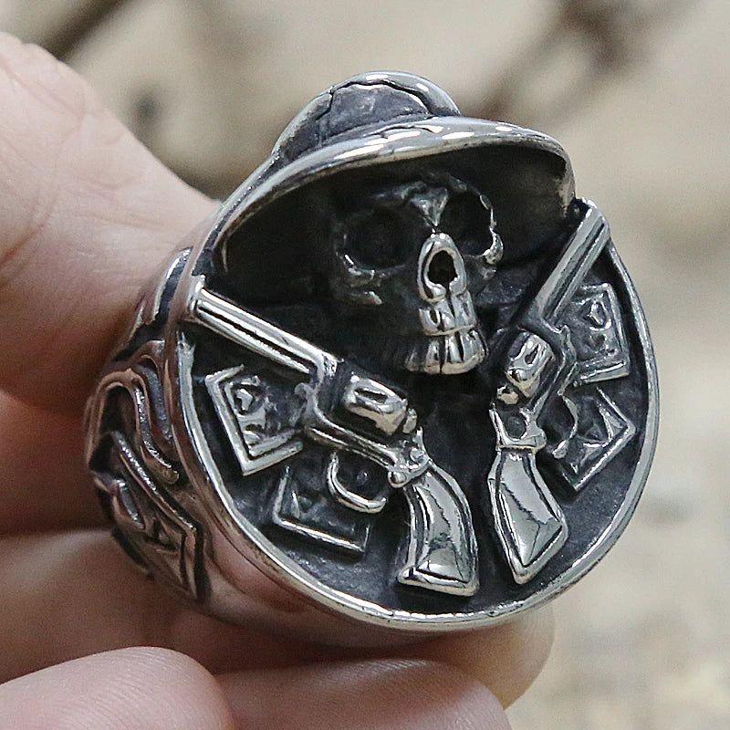 Rebel Cowboy Dual Gun Skull Ring for Men - Stainless Steel Punk Biker Jewelry