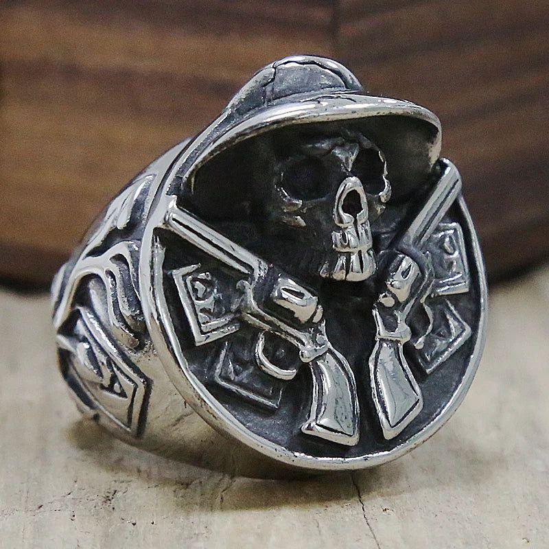 Rebel Cowboy Dual Gun Skull Ring for Men - Stainless Steel Punk Biker Jewelry