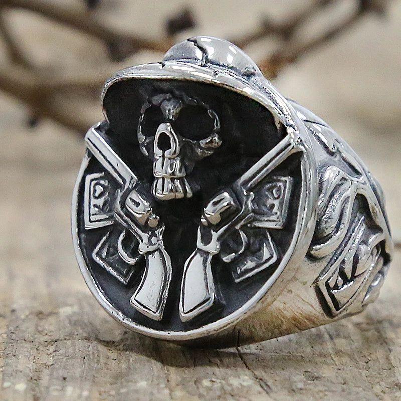 Rebel Cowboy Dual Gun Skull Ring for Men - Stainless Steel Punk Biker Jewelry