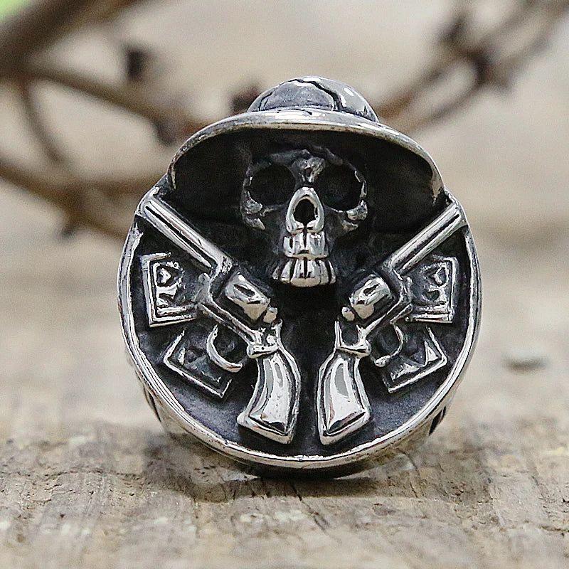 Rebel Cowboy Dual Gun Skull Ring for Men - Stainless Steel Punk Biker Jewelry