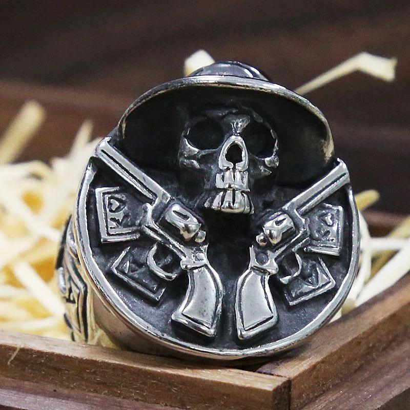 Rebel Cowboy Dual Gun Skull Ring for Men - Stainless Steel Punk Biker Jewelry