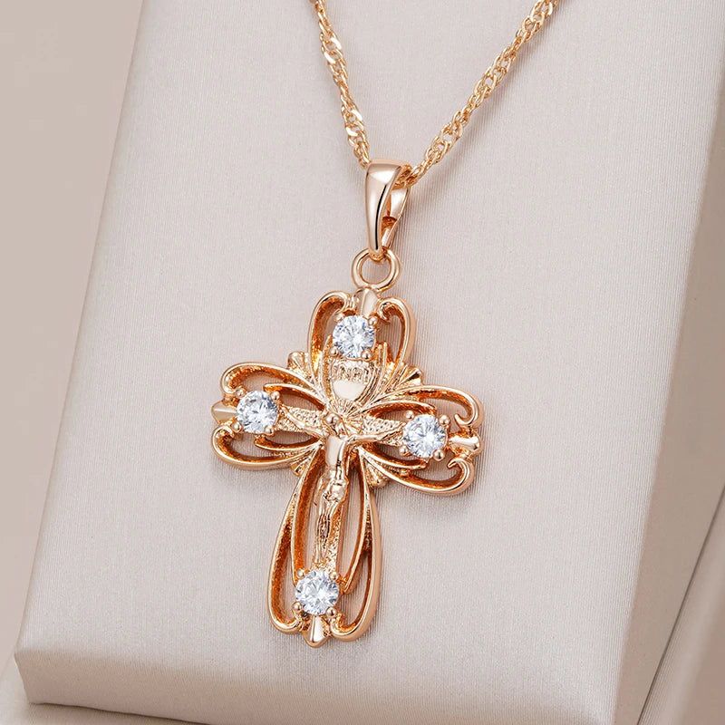 Refined Rose Gold Orthodox Cross Pendant Necklace with Natural Zircon Accents