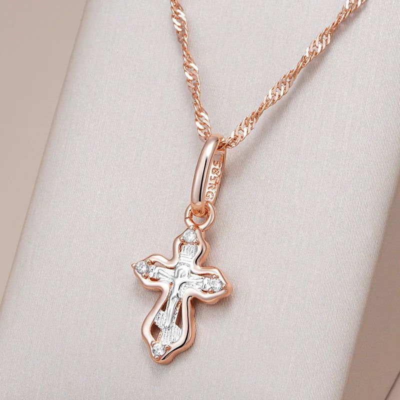 Refined Rose Gold Orthodox Cross Pendant Necklace with Natural Zircon Accents